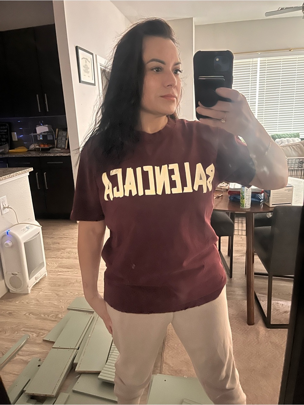 Balenciaga Maroon Short Sleeve Tee with Cream Logo